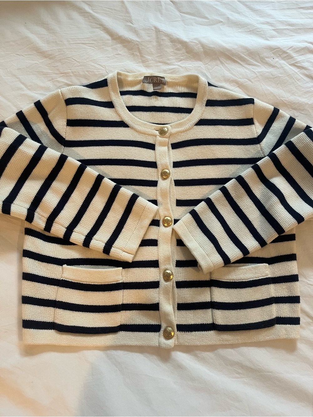 J. Crew Cream and Navy Striped Knit Cardigan